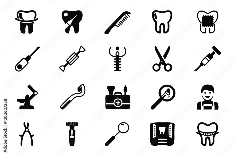 Create a set of 15 high-quality vector icons depicting common dental tools. Include realistic details and a clean, modern style suitable for professional use. Create a set of 15 high-quality vector icons depicting common dental tools. Include realistic details and a clean, modern style suitable for professional use.
