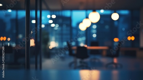 Wallpaper Mural Blurred night view of a modern office interior with city lights visible through large windows. Torontodigital.ca