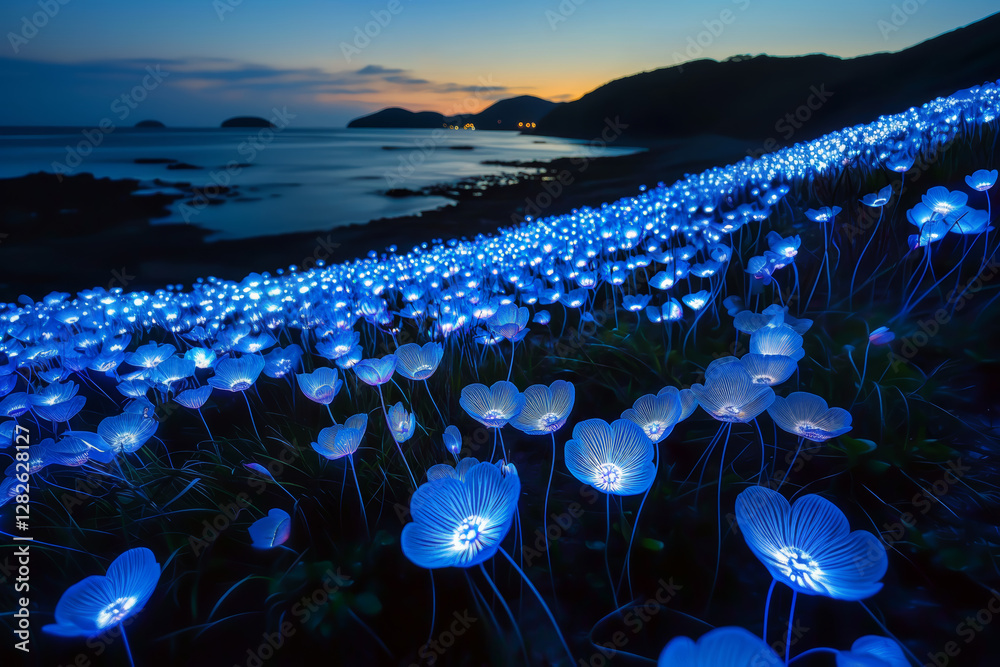 Fototapeta premium at_night_the_blue-glowing_flowers