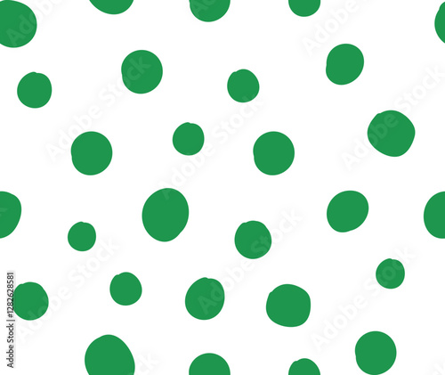 All over seamless repeat pattern with tossed kelly green hand drawn uneven polka dot on white. Versatile modern background with tossed dots for St Patricks Day, spring, garden packaging, fabric.