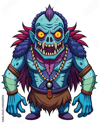 A grotesque, stitched-mouth monster,  shadowy and imposing, stands amidst a decaying, gothic landscape.  His single, glowing eye pierces the gloom.