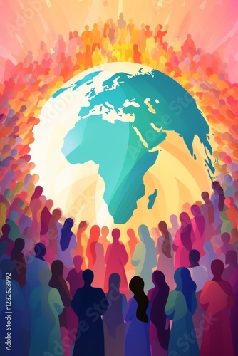 Colorful illustration of people surrounding the world on a sunny day