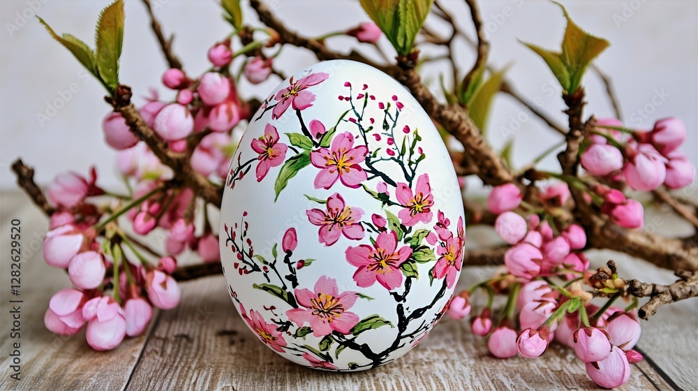 Fototapeta premium Traditional Chinese Ink-Painted Easter Egg: Delicate Cherry Blossoms and Calligraphy, Soft Watercolor Textures, Minimalist Elegance, High-Resolution Editable Vector for Posters & Merchandise