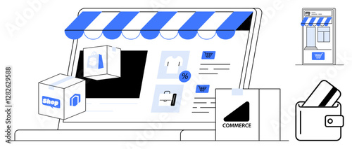 E-commerce website displayed on laptop with storefront awning, package, shopping cart, wallet, and credit cards. Ideal for online shopping, digital marketplaces, e-commerce platforms, retail
