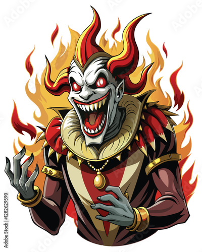A grotesque harlequin,  jagged teeth bared in a maniacal laugh, vibrant, chaotic costume.