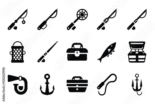 Create a high-resolution icon pack featuring 15 detailed fishing and angling tools.  Include diverse equipment like rods, reels, lures, and tackle boxes.