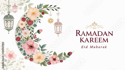 Ramadan kareem. Eid mubarak. Vector floral elegant watercolor illustration of crescent moon made of flowers, oriental lantern, hanging lamps for greeting card, invitation, postcard or poster,islam, la
