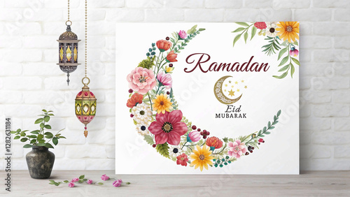 Ramadan kareem. Eid mubarak. Vector floral elegant watercolor illustration of crescent moon made of flowers, oriental lantern, hanging lamps for greeting card, invitation, postcard or poster,islam, la photo