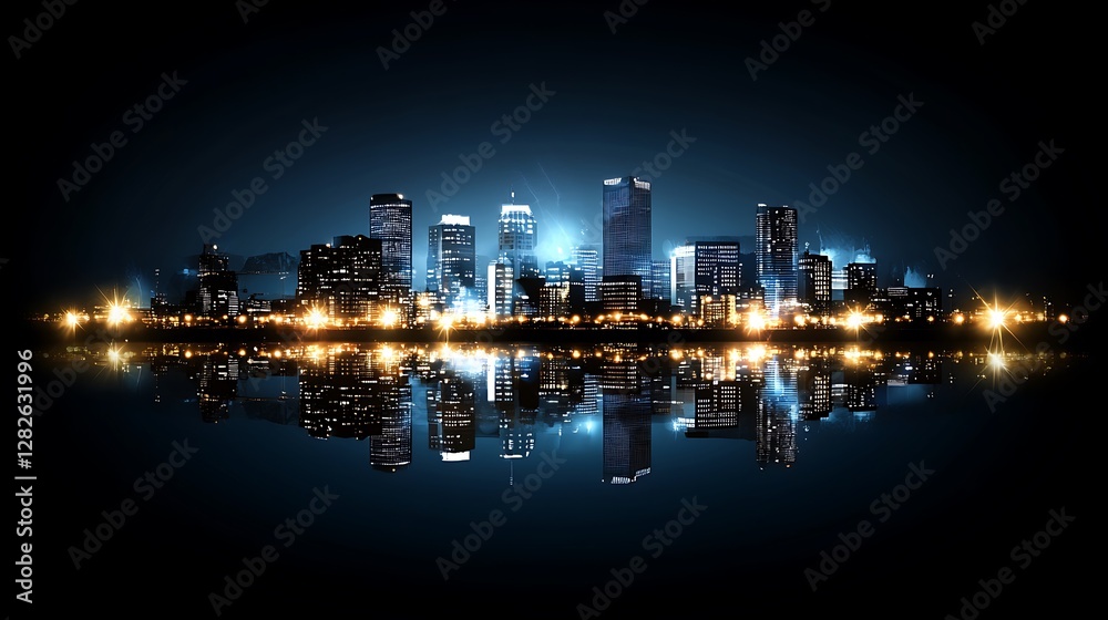 Night Cityscape Skyline Reflecting in Water Night Cityscape Skyline Reflecting in Water