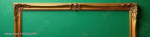 Antique gold frame, empty, ornate details, green wall backdrop, golden, picture frame