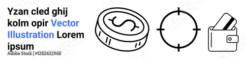 Coin with dollar sign, crosshair target, and wallet with credit cards. Ideal for financial planning, budgeting, saving, investment goals, targeting metrics expense tracking and e-commerce. Landing