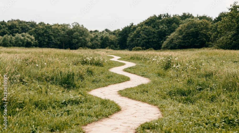 Winding Path to Success Grassy Field Nature Journey Opportunity Winding Path to Success Grassy Field Nature Journey Opportunity