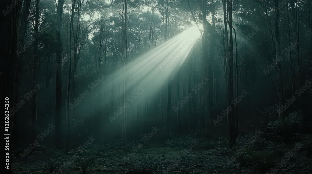 Naklejka premium Sunbeams Illuminate a Misty Forest Scene