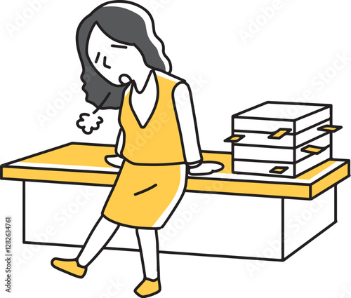 多くの書類を横に大きくため息をつく女性社員