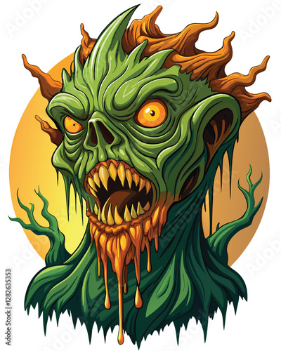 Render a grotesque, gnarled tree-like head, its bark twisted into a monstrous visage.  Focus on detailed bark texture and unsettling facial features.