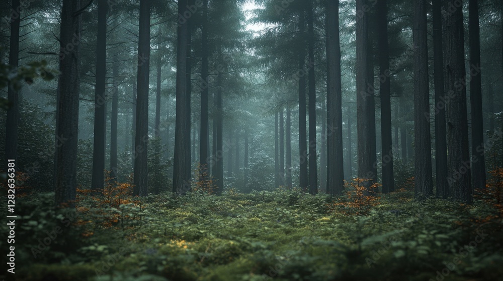 Dense forest landscape featuring tall trees with lush green foliage under bright blue sky Dense forest landscape featuring tall trees with lush green foliage under bright blue sky