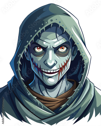 A mysterious wanderer, cloaked and hooded, features a disturbingly stitched smile, hinting at a dark past;  detailed, realistic portrait.