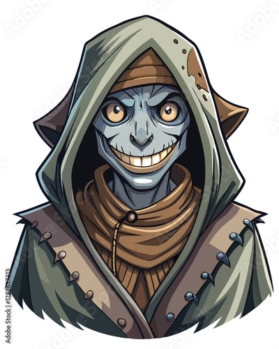 A mysterious, cloaked wanderer with a grotesquely stitched smile, wandering a desolate landscape at twilight.