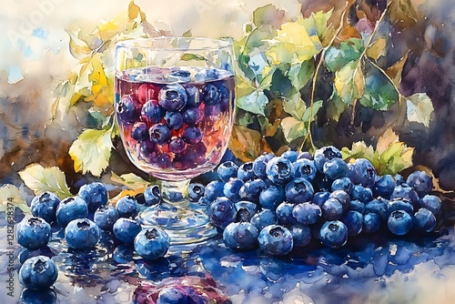Watercolor Still Life Blueberries in Glass, Garden Setting