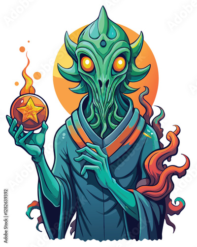 Render a terrifying cosmic entity, an eldritch alien deity, possessing long, writhing tentacles instead of fingers.  Its form should evoke both awe and dread.