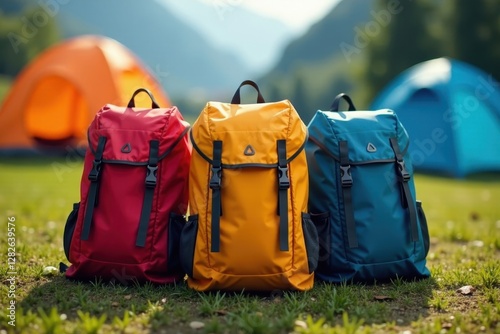 Close-up of three backpacks forming a triangle, tents visible in background , gear, zippers
