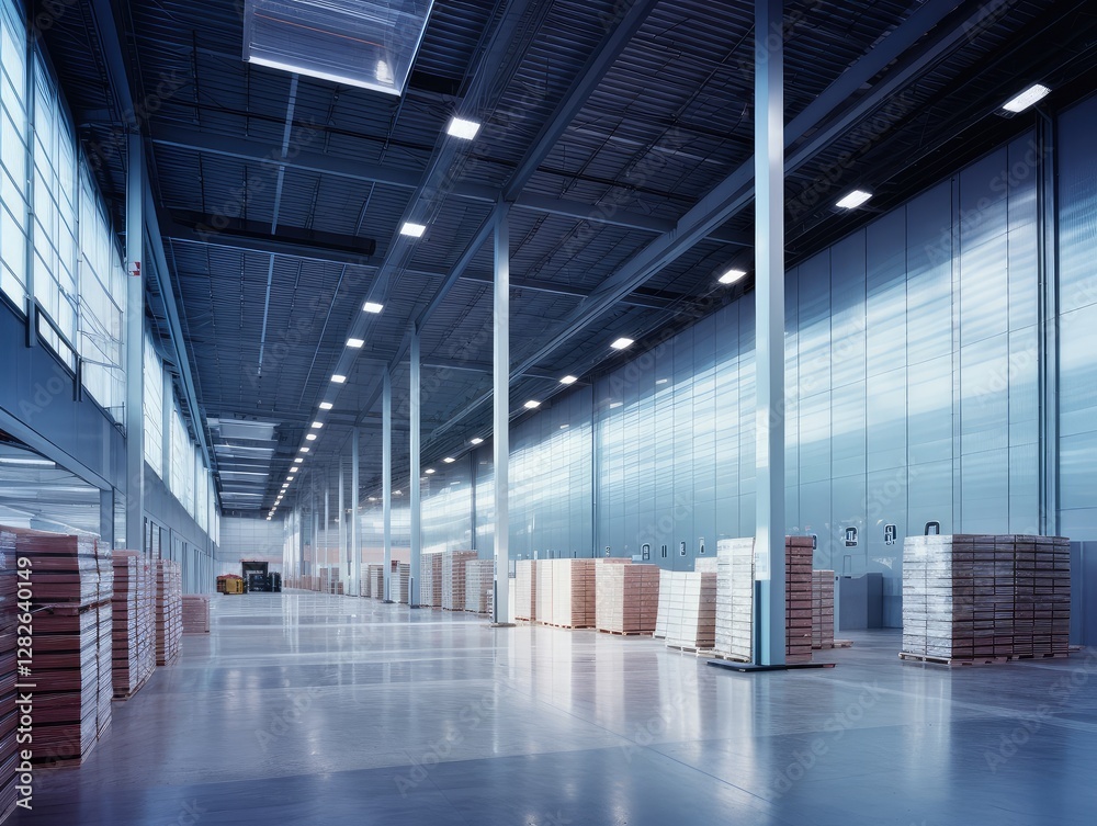 Fototapeta premium Spacious Modern Warehouse Interior with Pallets
