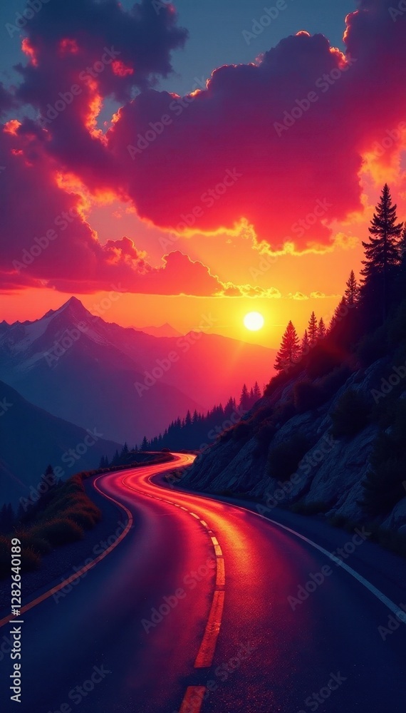 Fiery sunset paints winding mountain road, car silhouette , silhouette, vista, beautiful Fiery sunset paints winding mountain road, car silhouette , silhouette, vista, beautiful