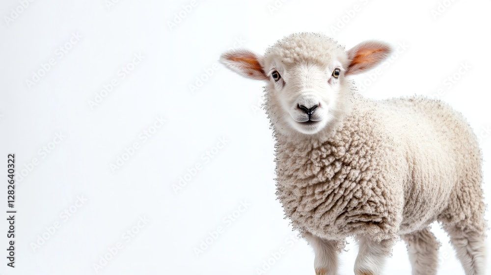 Obraz premium A small white sheep standing on a white surface with a clean and minimalistic background