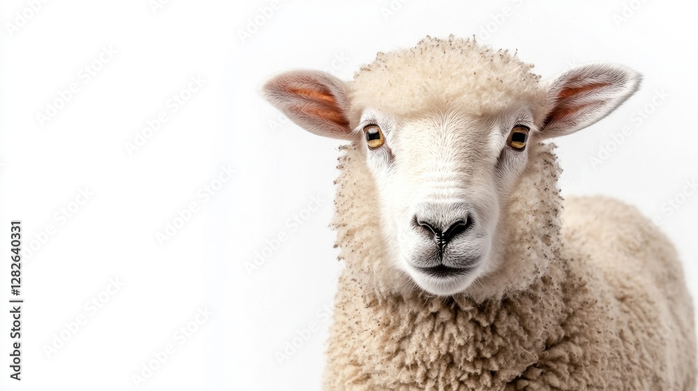 Sheep standing alone on a white background with no distractions in the environment around it Sheep standing alone on a white background with no distractions in the environment around it