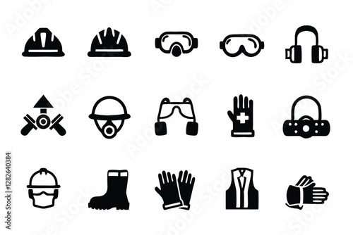 Create a clean, minimalist icon pack depicting various personal protective equipment (PPE) items, including masks, gloves, goggles, and face shields.  A is for the first set.