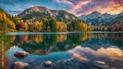 A serene lake nestled between two towering mountain peaks, the water perfectly still, reflecting the mountains and the colorful sky above, surrounded by lush greenery and autumn foliage