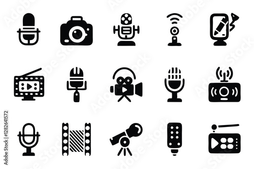 Design a pack of 15 modern icons representing podcasting and live streaming tools.  Include diverse styles and a clean aesthetic.