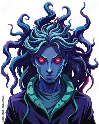 Render a terrifying cosmic horror entity, its form vaguely humanoid but with long, writhing tendrils replacing hair, resembling a nightmarish star.