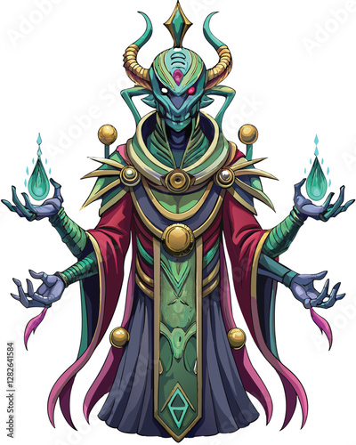 A six-armed, otherworldly priest-like alien, radiating ethereal energy, stands in a mystical landscape.  Intricate details in clothing and surroundings are crucial.