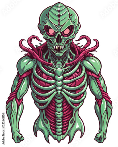 A grotesque alien creature, its ribcage ripped open, revealing a writhing mass of parasitic organisms.  Detail the parasites' textures and the alien's decaying flesh.
