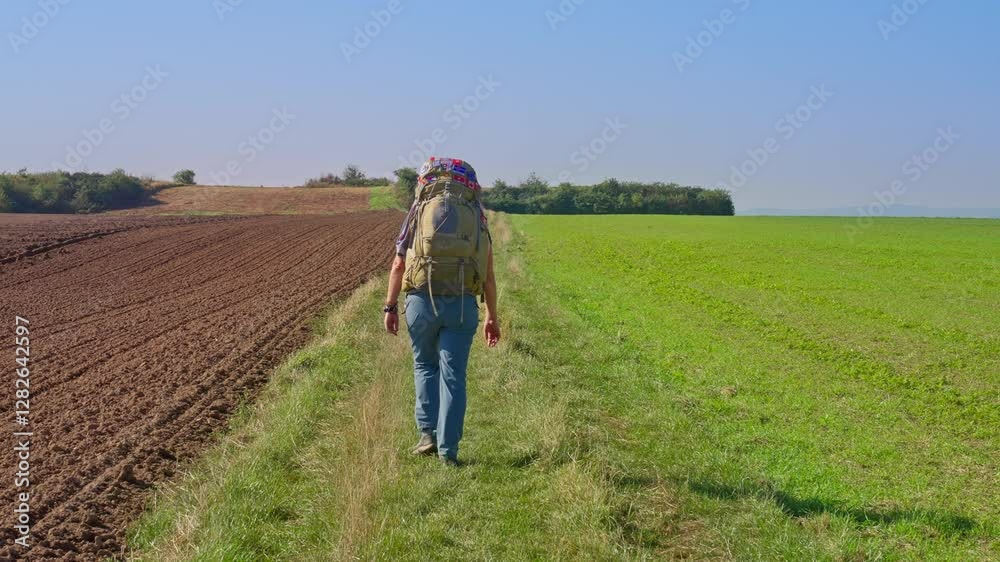 Following behind trekking hiker split between a grassy meadow and a plowed agriculture field on a sunny day, walking in slow motion Following behind trekking hiker split between a grassy meadow and a plowed agriculture field on a sunny day, walking in slow motion