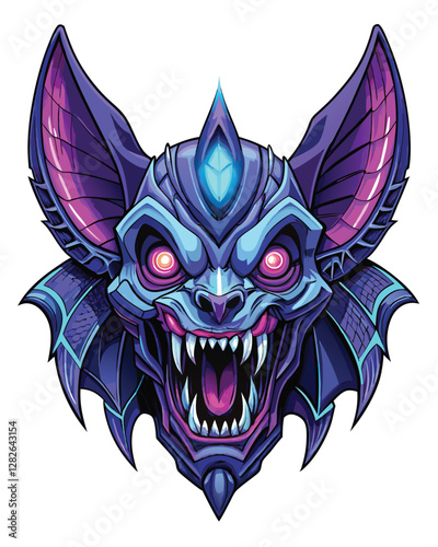 Design a robotic demon bat head with glowing neon pink and blue wings, intricate mechanical details, and menacing expression.