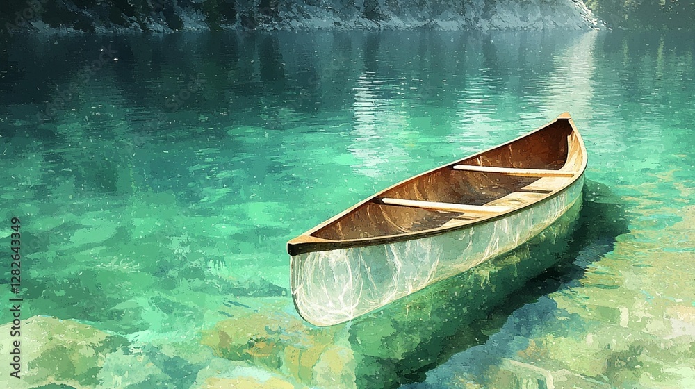 Tranquil canoe on a crystal-clear emerald lake nestled amongst rocky cliffs. Tranquil canoe on a crystal-clear emerald lake nestled amongst rocky cliffs.