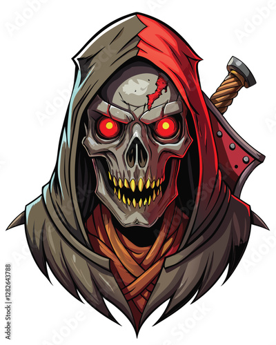 A decaying medieval executioner's head, partially decomposed, showing exposed bone and decaying flesh, with a visible skull tattoo.  Detailed, realistic, dark fantasy art.