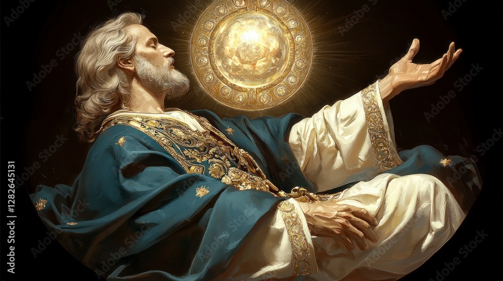 Fototapeta premium Divine Figure Radiant Light Compassionate Gesture Spiritual Art Religious Painting