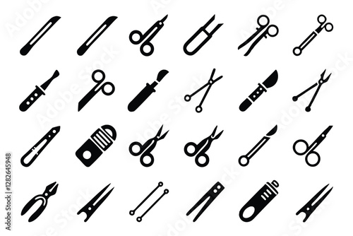 Create a high-detail icon pack featuring 15 realistic surgical instruments.  Include scalpels, forceps, clamps, and retractors.