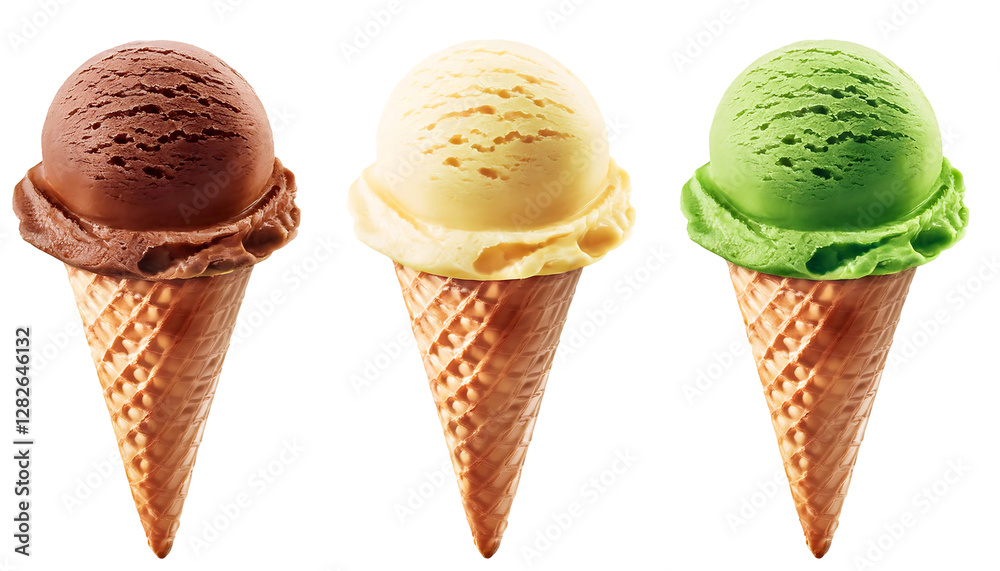 A detailed and realistic closeup of three ice cream scoops in different flavors rich choco on a transparent background, element design, dessert, menu. A detailed and realistic closeup of three ice cream scoops in different flavors rich choco on a transparent background, element design, dessert, menu.
