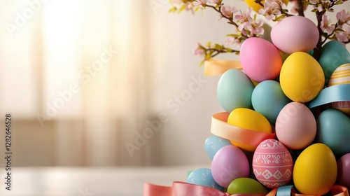 Easter Day Concept, Decorative Easter Tree with Vibrant Pastel Eggs and Ribbons Displayed in an Elegant Spring Setting