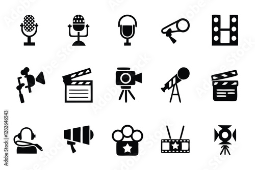 Create 15 high-quality icons depicting essential video production tools cameras, microphones, lighting, editing software, etc.  Modern, clean style.
