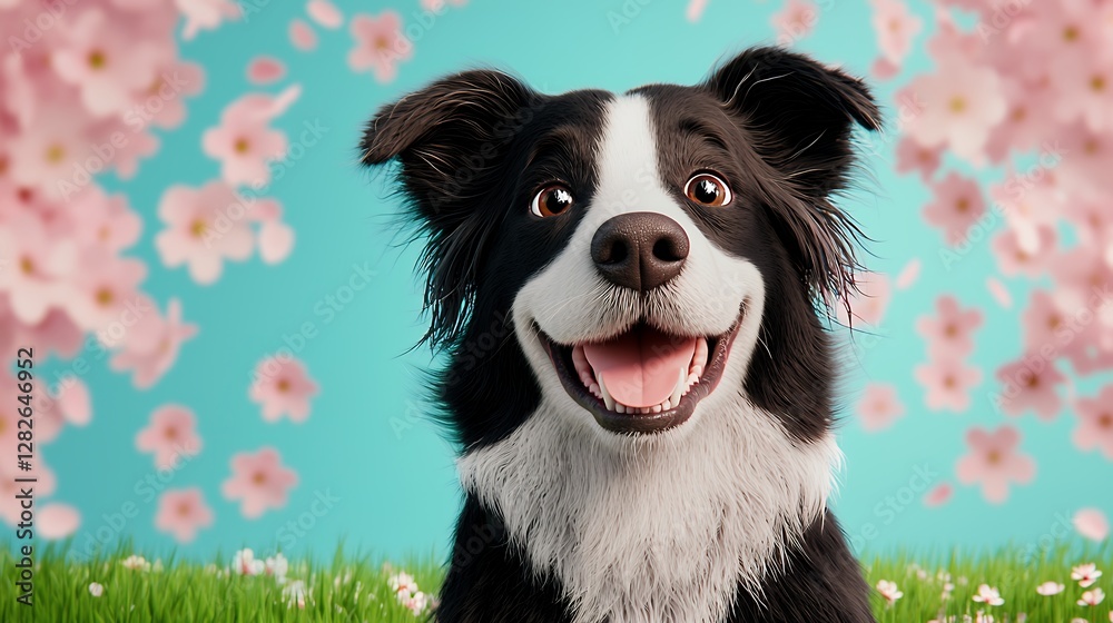 Obraz premium Happy Border Collie Amid Pink Cherry Blossoms