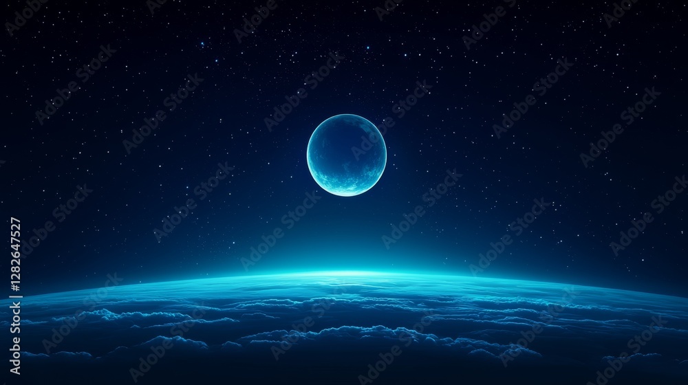 Fototapeta premium A serene view of Earth from space, featuring a glowing moon and starry backdrop.