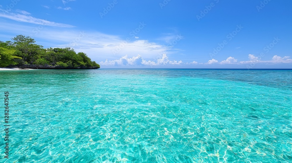 A serene view of clear turquoise waters under a bright blue sky. A serene view of clear turquoise waters under a bright blue sky.