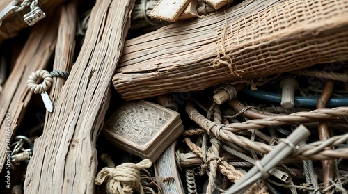 Photo Close-Up Of Recycled Materials, Repurposed Wood, Woven Fabrics, Metal Scraps, Highlighting Textures And Colors,  Environmental Theme, Soft Focus,  Nat.