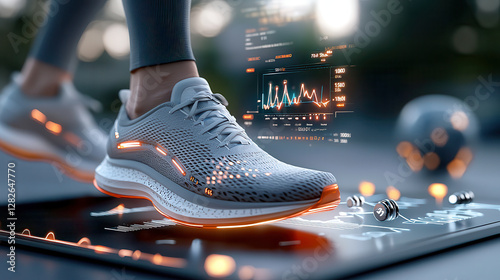 futuristic running shoe with integrated holographic fitness tracking displays performance data in high tech environment