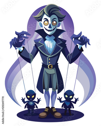 A sinister puppeteer with elongated, shadowy hands manipulating unseen marionettes; dark, gothic atmosphere.